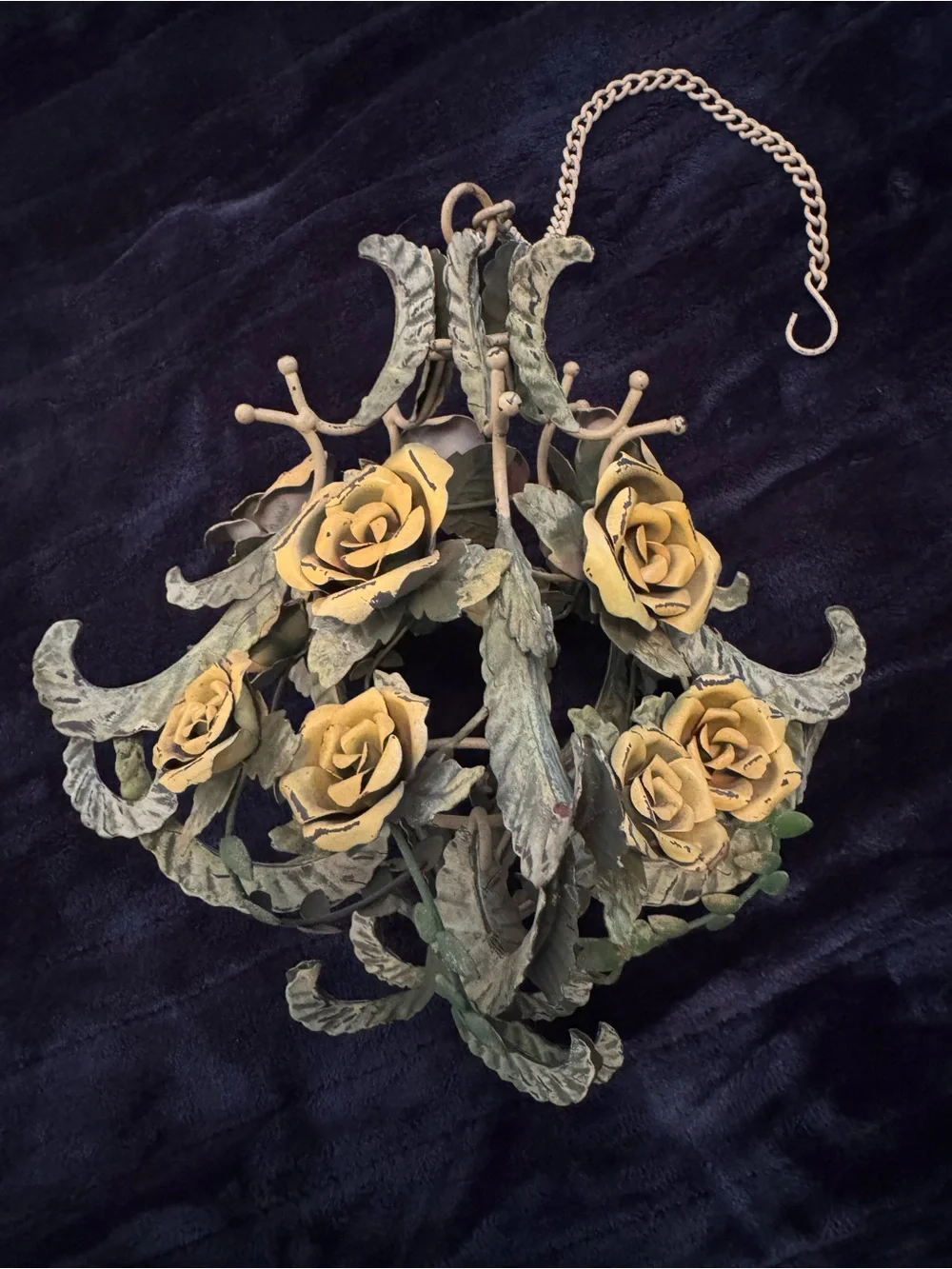 Vintage Hanging Toleware Yellow Roses Floral Birdcage Hollywood Regency Ball